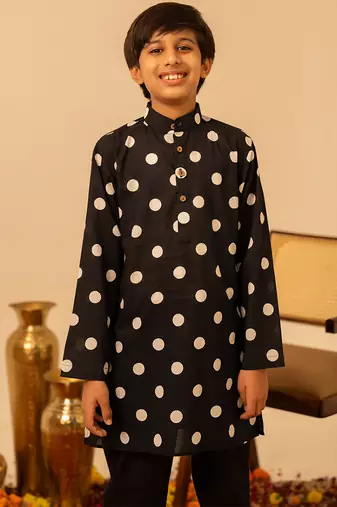 Jet black dot printed cotton kurta set