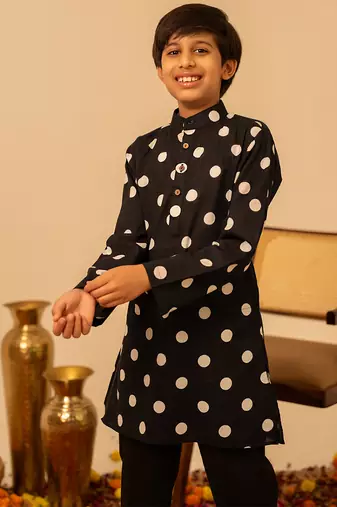 Jet black dot printed cotton kurta set