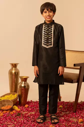 Jet black embroidered cotton silk kurta set