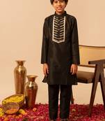 Jet black embroidered cotton silk kurta set
