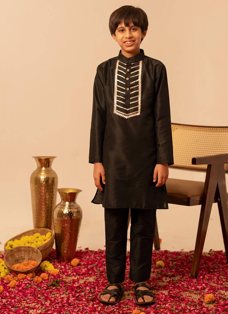 Jet black embroidered cotton silk kurta set