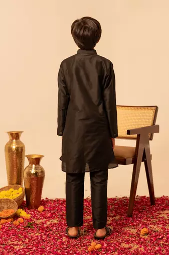 Jet black embroidered cotton silk kurta set