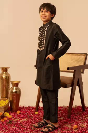 Jet black embroidered cotton silk kurta set
