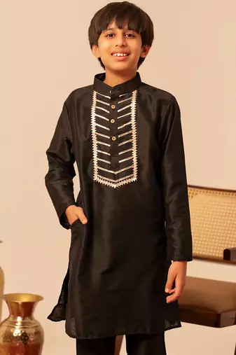 Jet black embroidered cotton silk kurta set