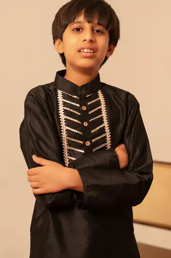 Jet black embroidered cotton silk kurta set