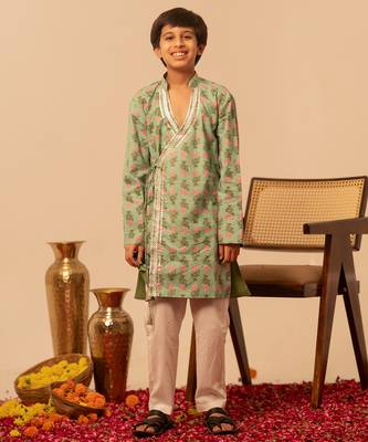 Mint green printed cotton kurta set 1