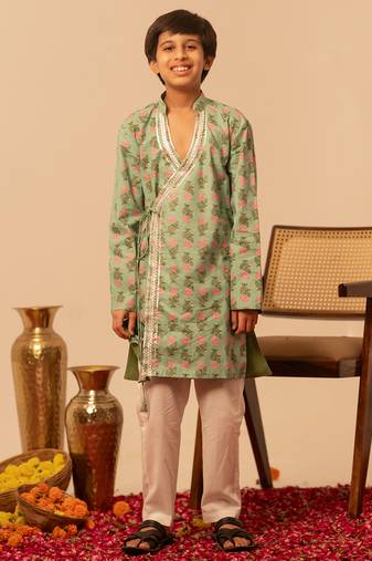 Mint green printed cotton kurta set
