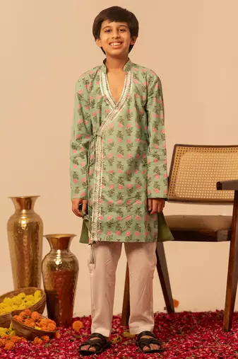 Mint green printed cotton kurta set