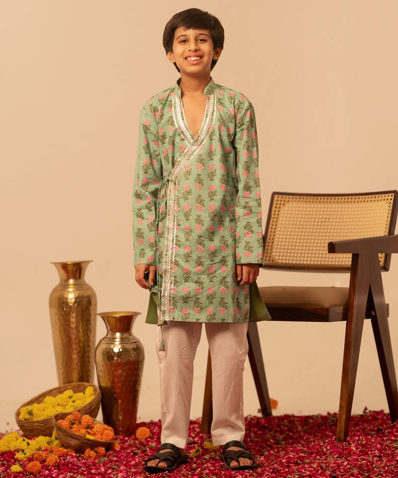 Mint green printed cotton kurta set