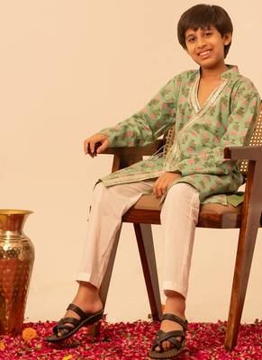 Mint green printed cotton kurta set 3