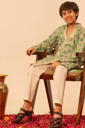 Mint green printed cotton kurta set