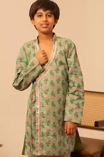 Mint green printed cotton kurta set