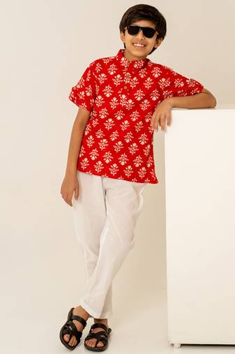 Crimson red printed cotton co ord set