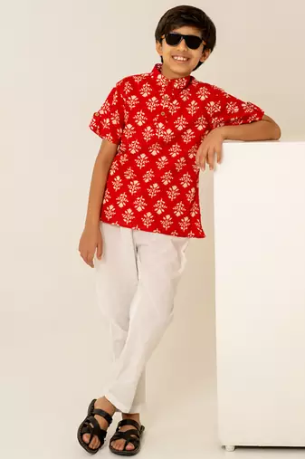 Crimson red printed cotton co ord set