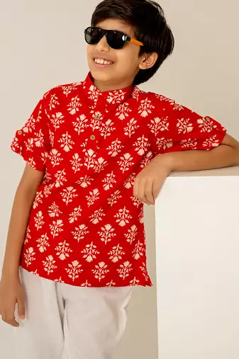 Crimson red printed cotton co ord set