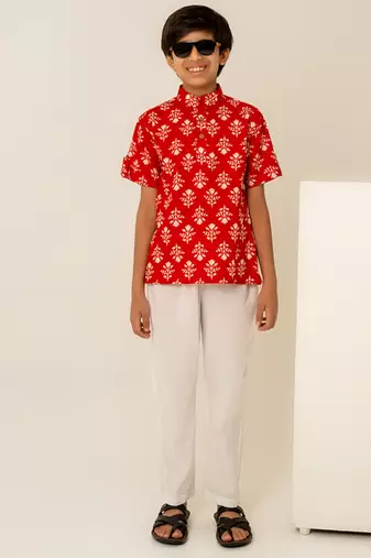 Crimson red printed cotton co ord set