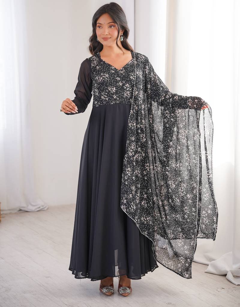 Black printed georgette anarkali kurti