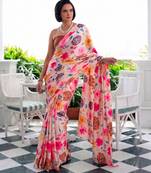 Printed satin silk saree with unstitched blouse
