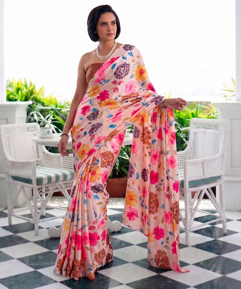 Printed satin silk saree with unstitched blouse
