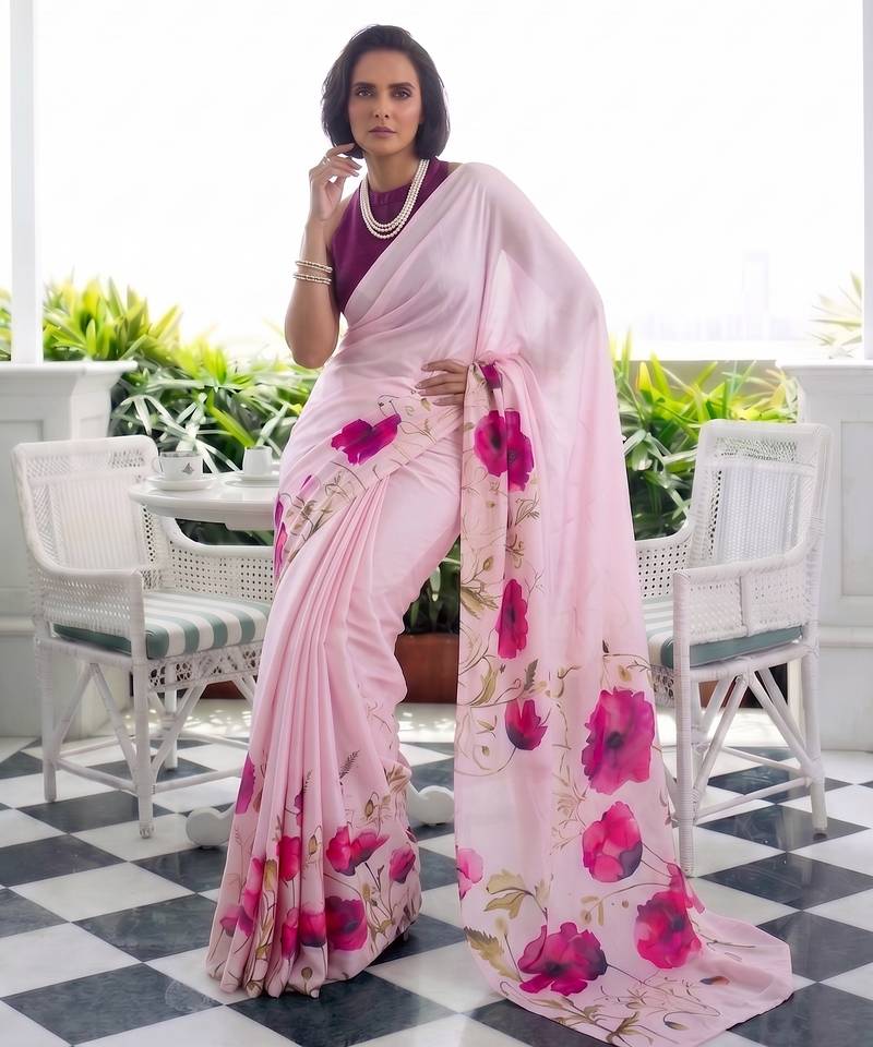 Printed satin silk saree with unstitched blouse