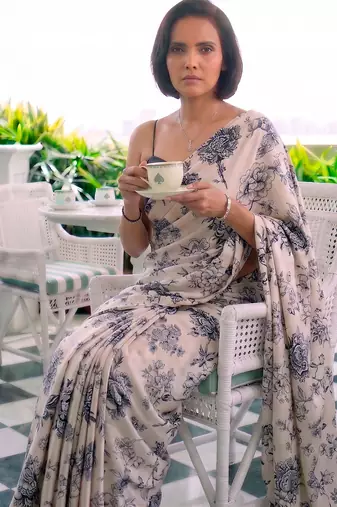 Printed satin silk saree with unstitched blouse