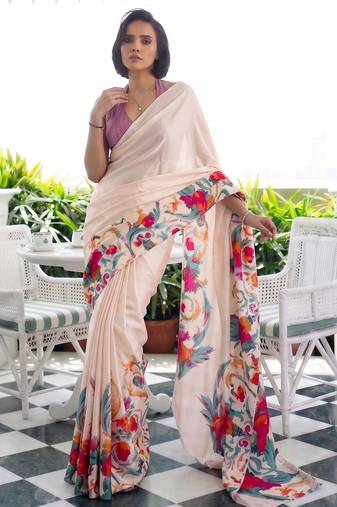 Printed satin silk saree with unstitched blouse