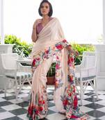 Printed satin silk saree with unstitched blouse