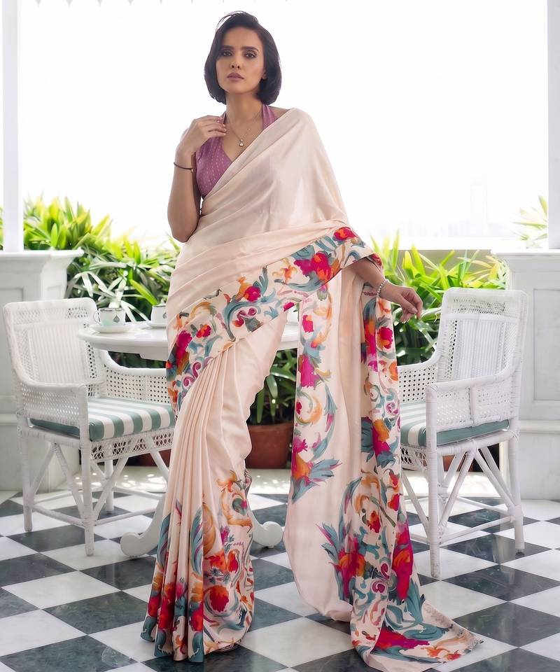 Printed satin silk saree with unstitched blouse
