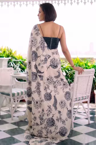 Printed satin silk saree with unstitched blouse