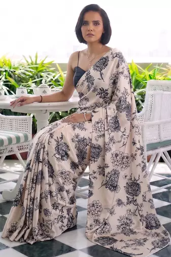 Printed satin silk saree with unstitched blouse
