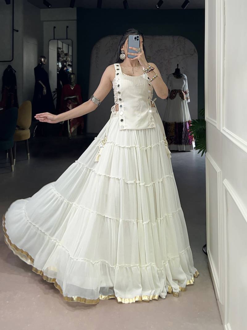 Premium Marble Fabric Navratri Lehenga Set with Real Mirror Work Koti- Full stitched free size