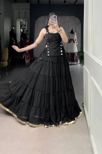 Premium Marble Fabric Navratri Lehenga Set with Real Mirror Work Koti- Full stitched free size