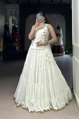 Premium Marble Fabric Navratri Lehenga Set with Real Mirror Work Koti- Full stitched free size