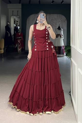Premium Marble Fabric Navratri Lehenga Set with Real Mirror Work Koti- Full stitched free size