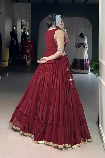 Premium Marble Fabric Navratri Lehenga Set with Real Mirror Work Koti- Full stitched free size