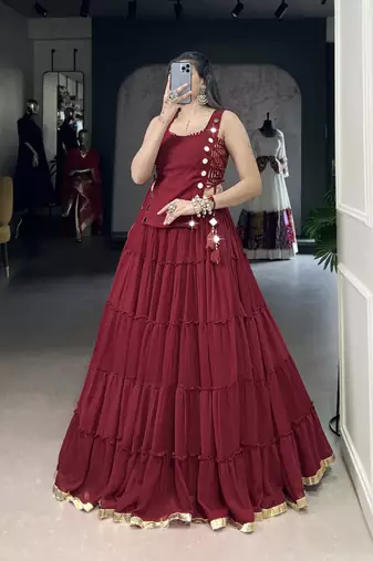 Premium Marble Fabric Navratri Lehenga Set with Real Mirror Work Koti- Full stitched free size