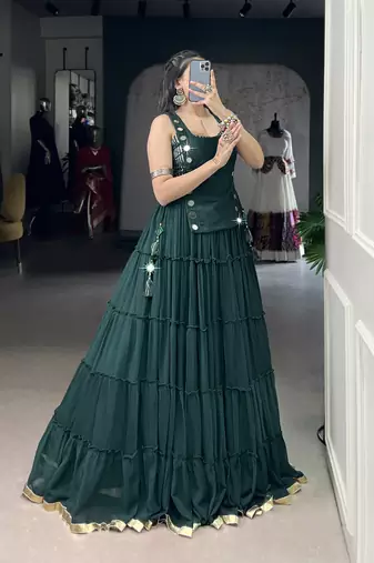 Premium Marble Fabric Navratri Lehenga Set with Real Mirror Work Koti- Full stitched free size
