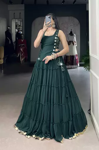 Premium Marble Fabric Navratri Lehenga Set with Real Mirror Work Koti- Full stitched free size