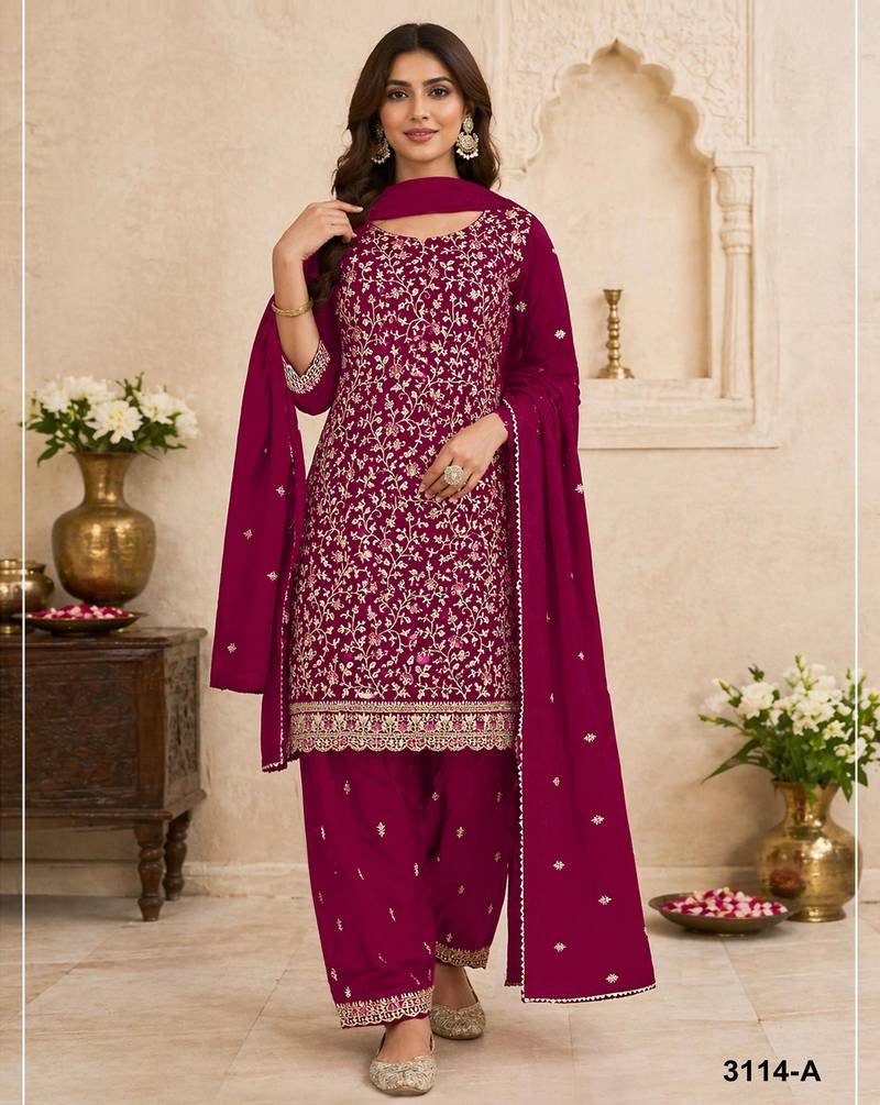 Maroon fox georgette suit with embroidery coding work