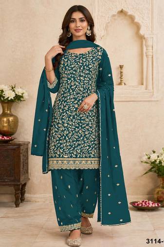 Blue fox georgette suit with embroidery coding work