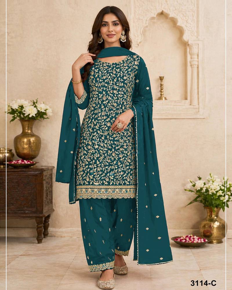 Blue fox georgette suit with embroidery coding work