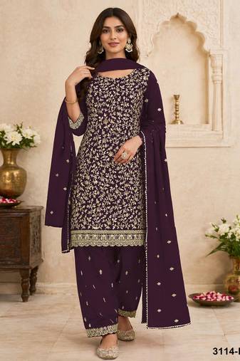 Purple fox georgette suit with embroidery coding work