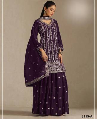 Purple chinon suit with embroidery sequin work 1