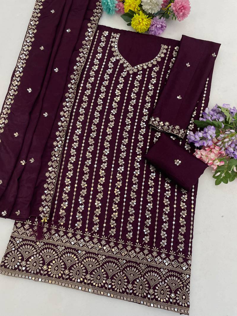 Purple chinon suit with embroidery sequin work