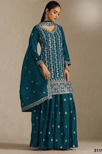 Blue chinon suit with embroidery sequin work