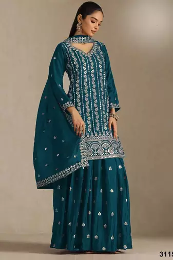 Blue chinon suit with embroidery sequin work