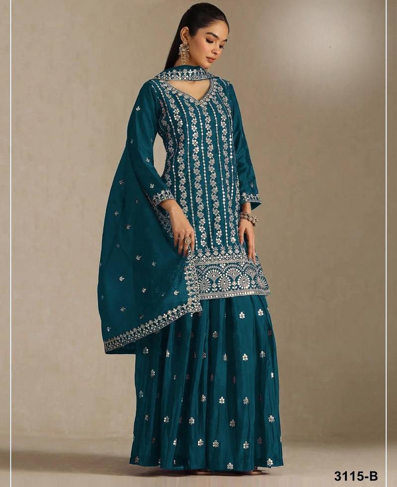 Blue chinon suit with embroidery sequin work