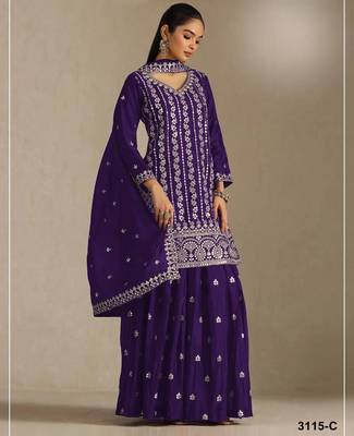Violet chinon suit with embroidery sequin work 1