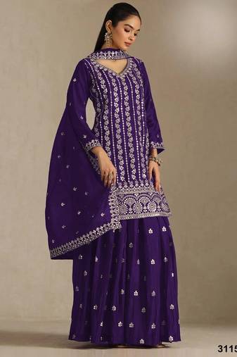 Violet chinon suit with embroidery sequin work