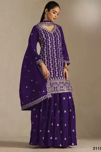 Violet chinon suit with embroidery sequin work